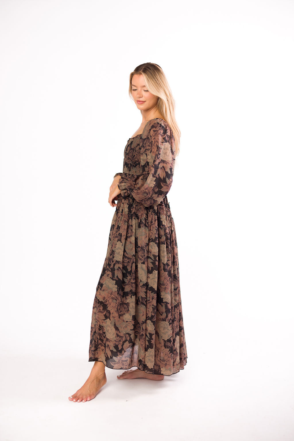 Blaine Smocked Maxi Dress in Black Floral