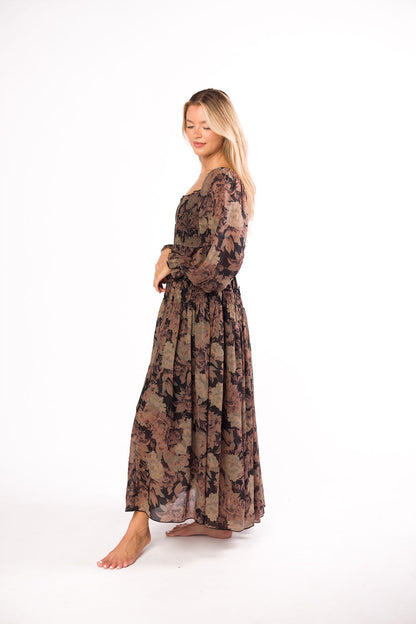 Blaine Smocked Maxi Dress in Black Floral