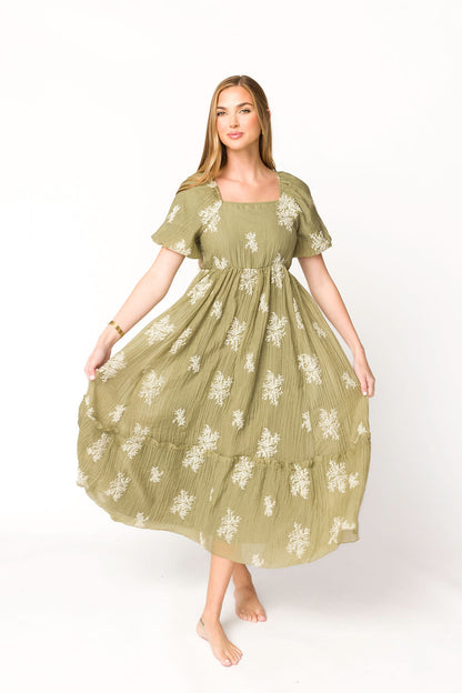 Hallie Embroidered Maxi Dress in Olive - Bump Friendly & Inclusive Sizing (S-3XL)