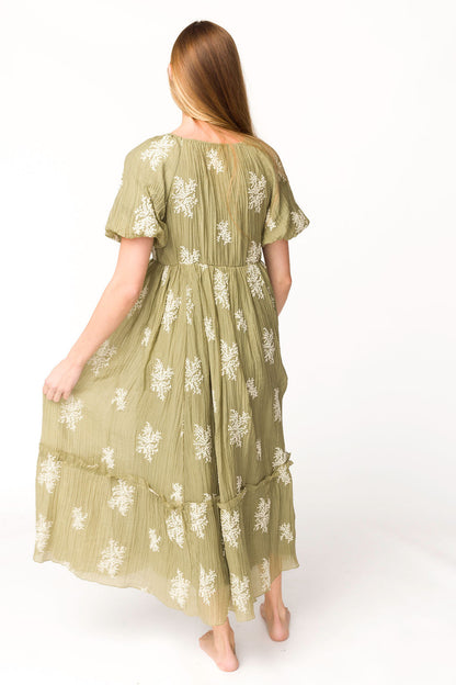 Hallie Embroidered Maxi Dress in Olive - Bump Friendly & Inclusive Sizing (S-3XL)