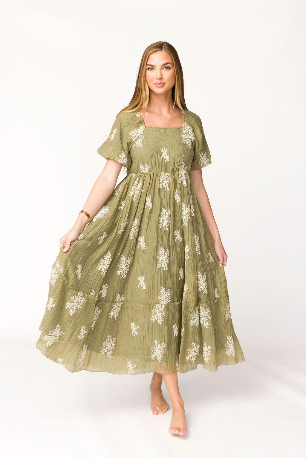 Hallie Embroidered Maxi Dress in Olive - Bump Friendly & Inclusive Sizing (S-3XL)