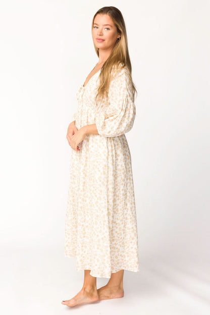 Hunter 100% Cotton Gauze Midi Dress in Natural/Fawn Floral - Bump Friendly
