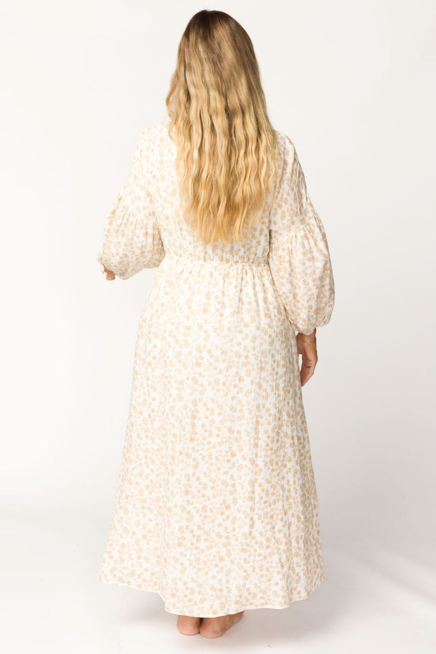 Hunter 100% Cotton Gauze Midi Dress in Natural/Fawn Floral - Bump Friendly