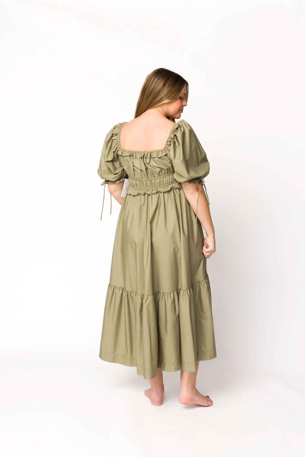 Crissy Ruched Midi Dress in Dusty Olive - Bump Friendly