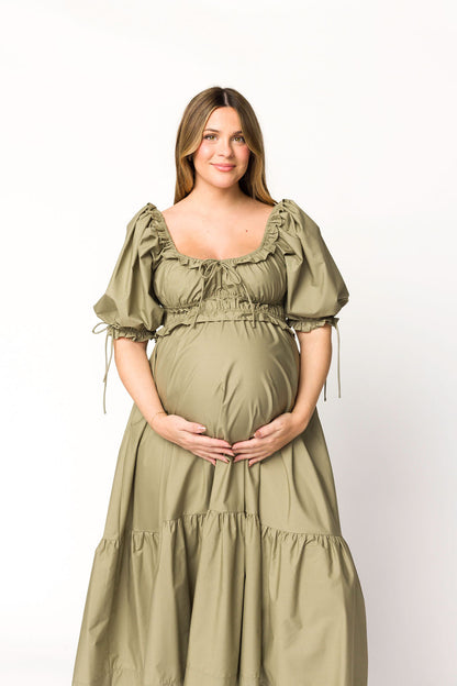 Crissy Ruched Midi Dress in Dusty Olive - Bump Friendly