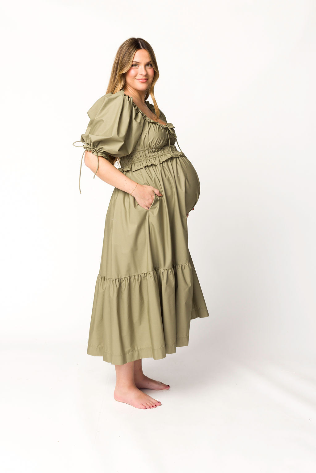 Crissy Ruched Midi Dress in Dusty Olive - Bump Friendly