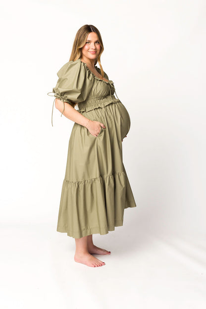 Crissy Ruched Midi Dress in Dusty Olive - Bump Friendly