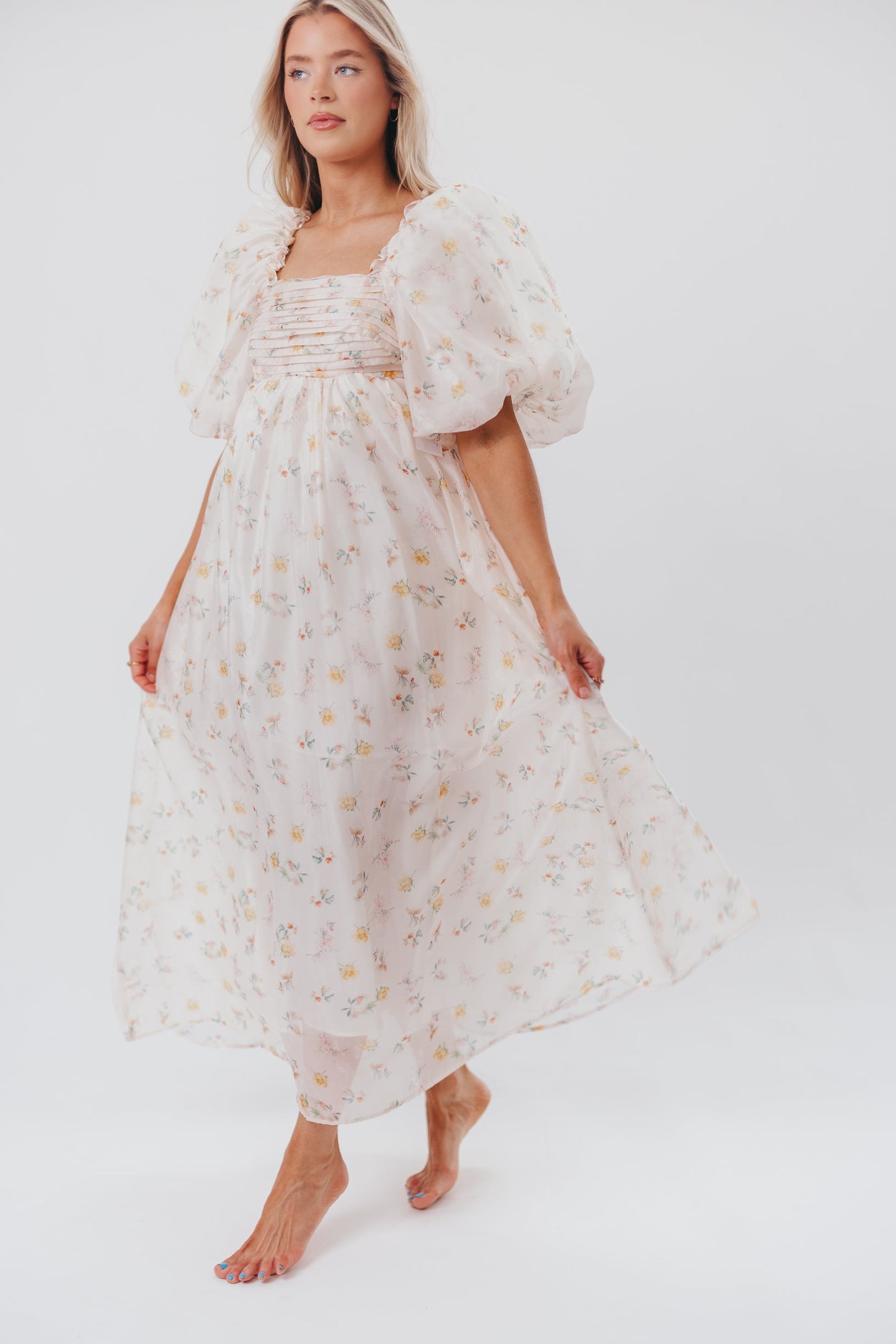 Melody Maxi Dress with Pleats and Bow Detail in Yellow Rose Floral - Bump Friendly & Inclusive Sizing (S-3XL)