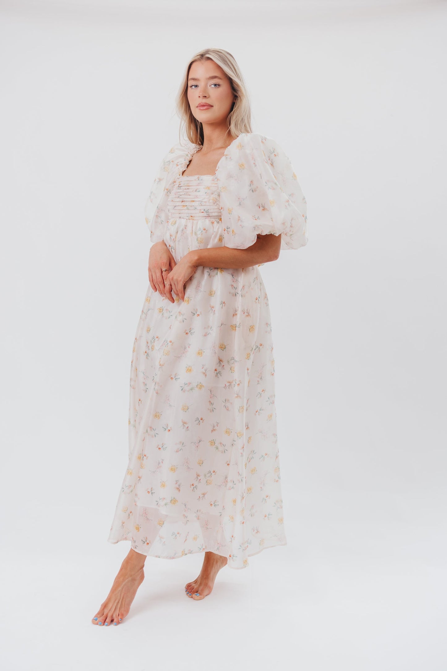 Melody Maxi Dress with Pleats and Bow Detail in Yellow Rose Floral - Bump Friendly & Inclusive Sizing (S-3XL)
