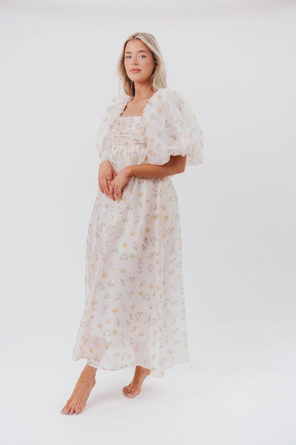 Melody Maxi Dress with Pleats and Bow Detail in Yellow Rose Floral - Bump Friendly & Inclusive Sizing (S-3XL)