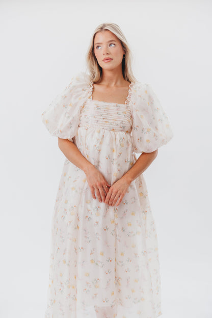 Melody Maxi Dress with Pleats and Bow Detail in Yellow Rose Floral - Bump Friendly & Inclusive Sizing (S-3XL)