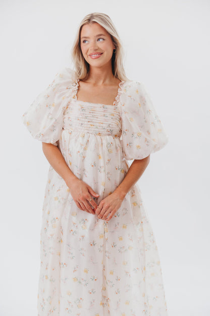 Melody Maxi Dress with Pleats and Bow Detail in Yellow Rose Floral - Bump Friendly & Inclusive Sizing (S-3XL)