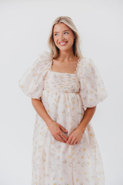 Melody Maxi Dress with Pleats and Bow Detail in Yellow Rose Floral - Bump Friendly & Inclusive Sizing (S-3XL)