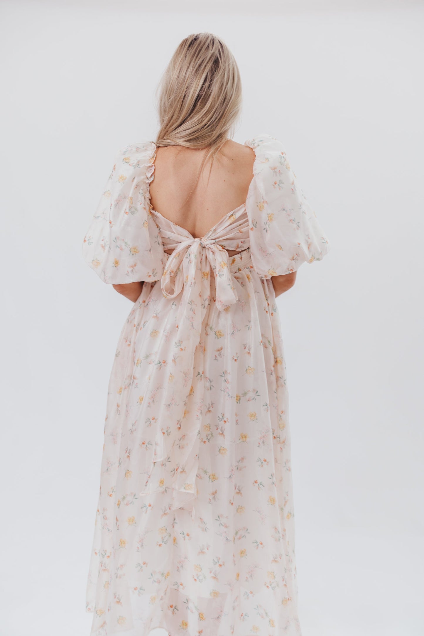 Melody Maxi Dress with Pleats and Bow Detail in Yellow Rose Floral - Bump Friendly & Inclusive Sizing (S-3XL)