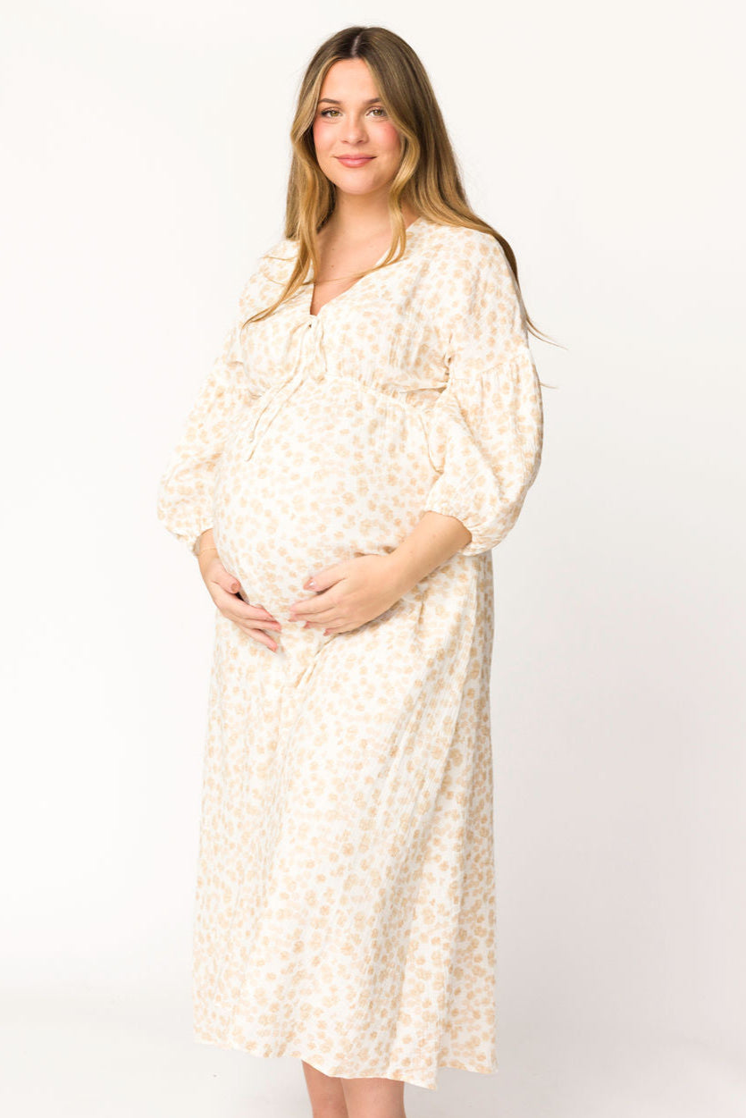 Hunter 100% Cotton Gauze Midi Dress in Natural/Fawn Floral - Bump Friendly