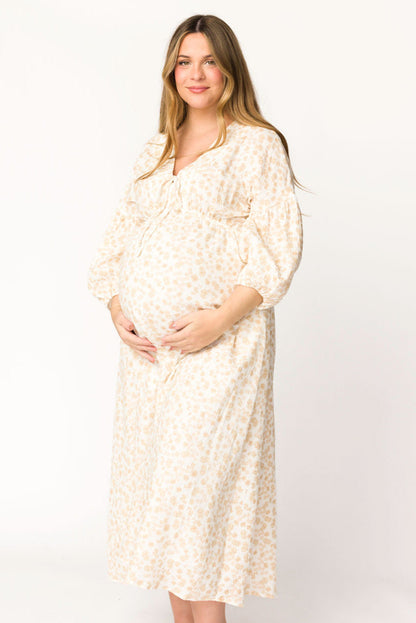 Hunter 100% Cotton Gauze Midi Dress in Natural/Fawn Floral - Bump Friendly