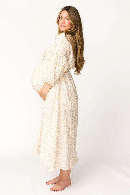 Hunter 100% Cotton Gauze Midi Dress in Natural/Fawn Floral - Bump Friendly