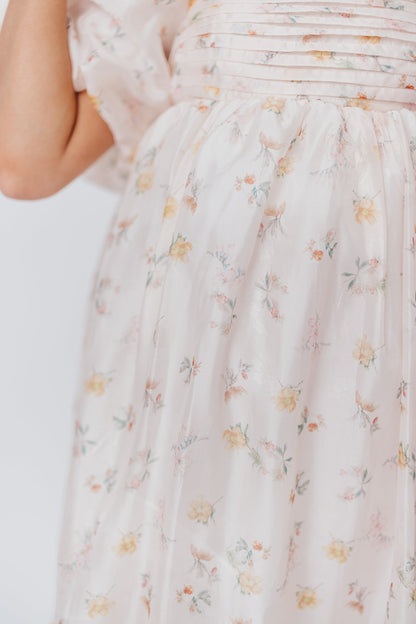 Melody Maxi Dress with Pleats and Bow Detail in Yellow Rose Floral - Bump Friendly & Inclusive Sizing (S-3XL)