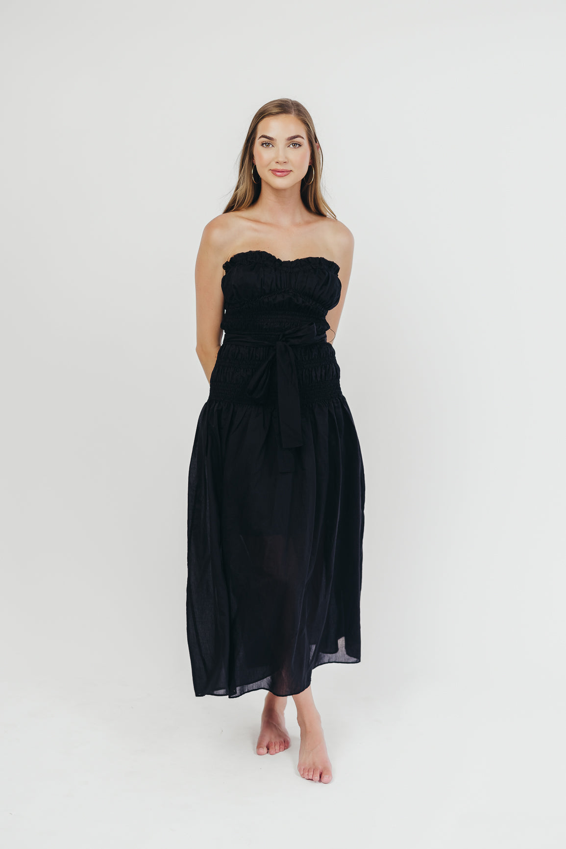 Devin Strapless Midi Dress with Sash in Black