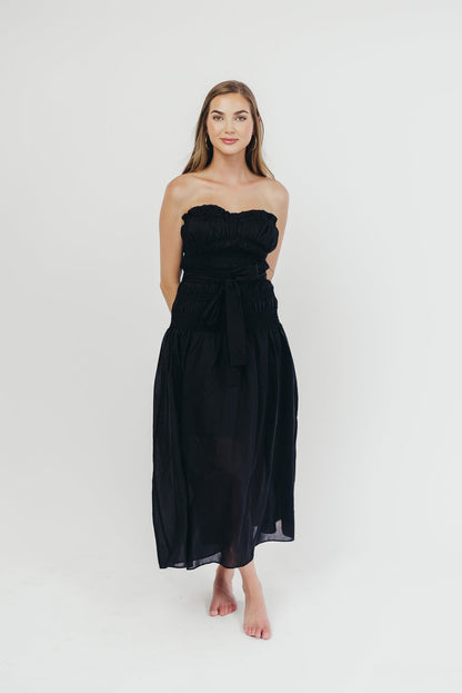 Devin Strapless Midi Dress with Sash in Black