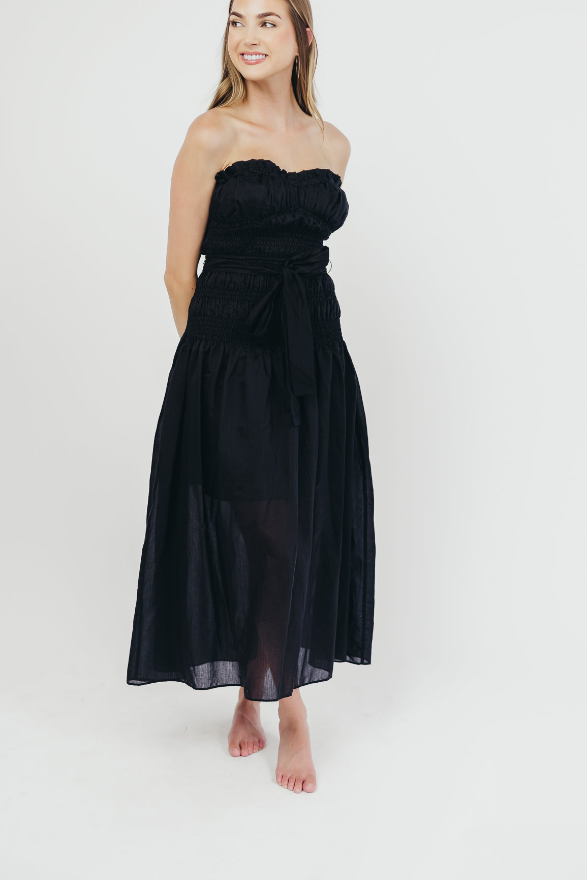 Devin Strapless Midi Dress with Sash in Black