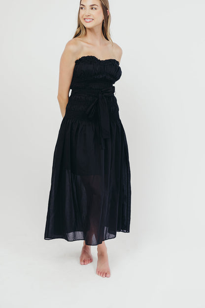 Devin Strapless Midi Dress with Sash in Black