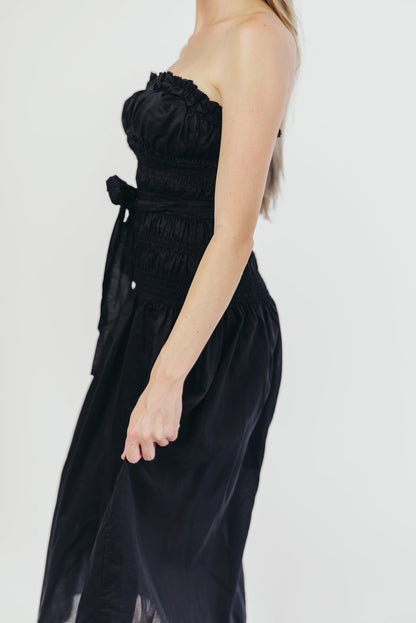 Devin Strapless Midi Dress with Sash in Black