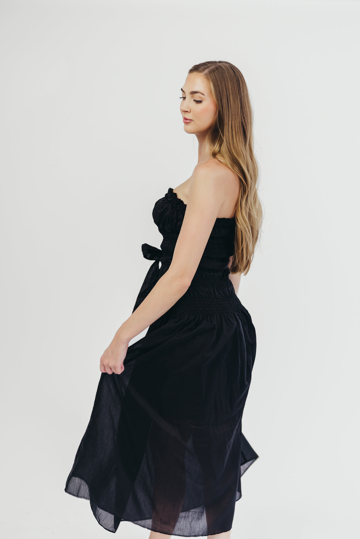 Devin Strapless Midi Dress with Sash in Black