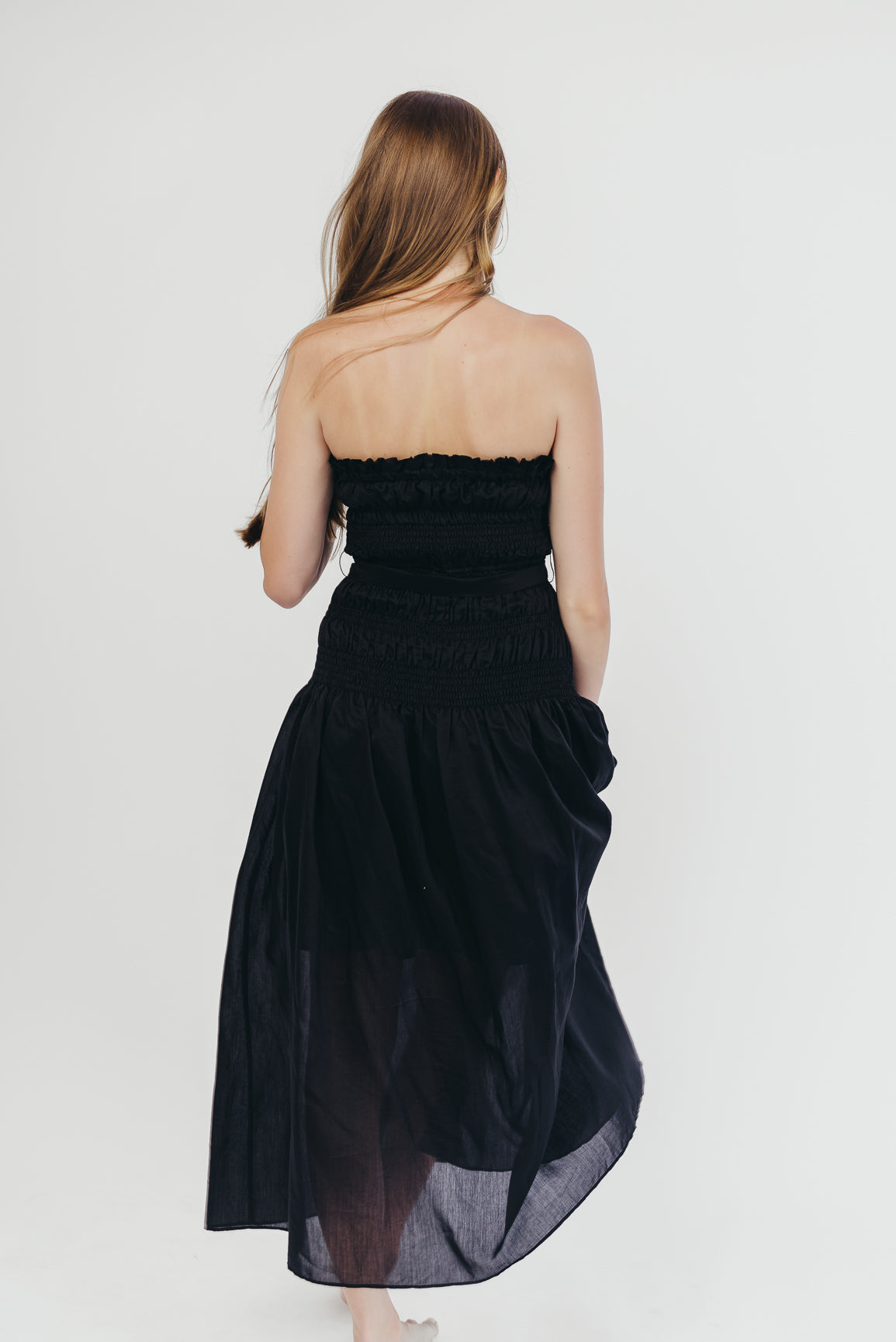 Devin Strapless Midi Dress with Sash in Black