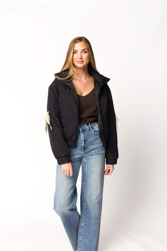 Andy Bow Cropped Puffer Jacket in Black
