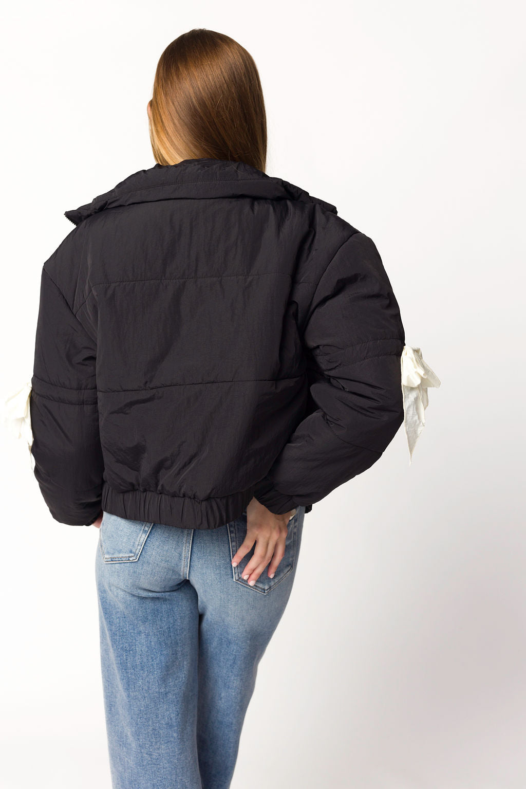 Andy Bow Cropped Puffer Jacket in Black