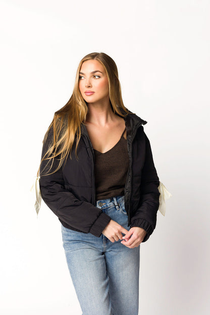 Andy Bow Cropped Puffer Jacket in Black
