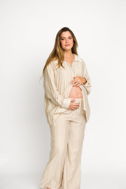 Sloane Striped Button-Down Shirt and Pants Set in Natural - Nursing Friendly