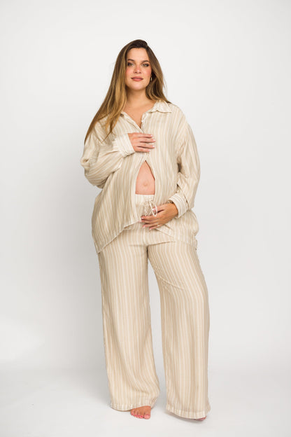 Sloane Striped Button-Down Shirt and Pants Set in Natural - Nursing Friendly