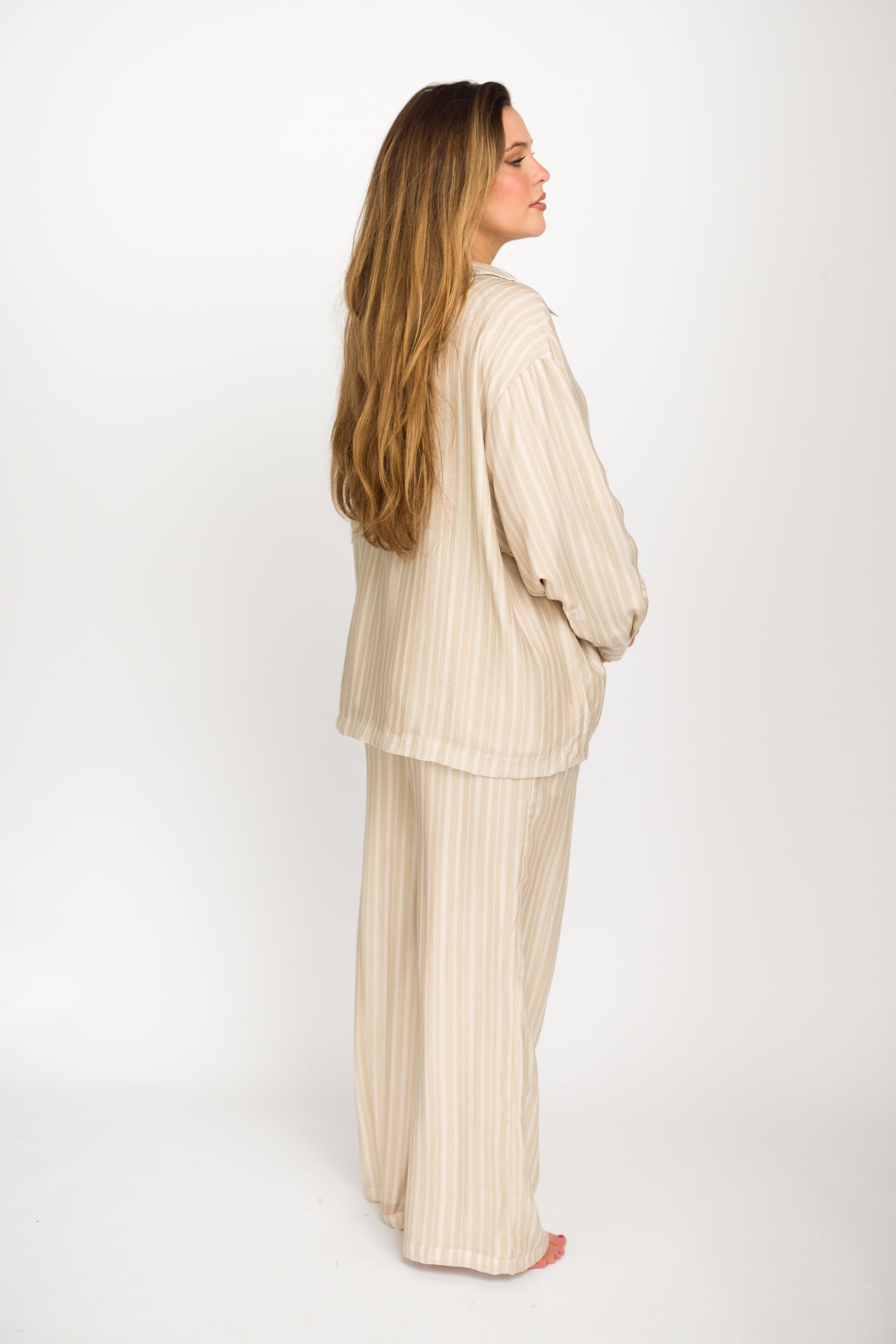 Sloane Striped Button-Down Shirt and Pants Set in Natural - Nursing Friendly