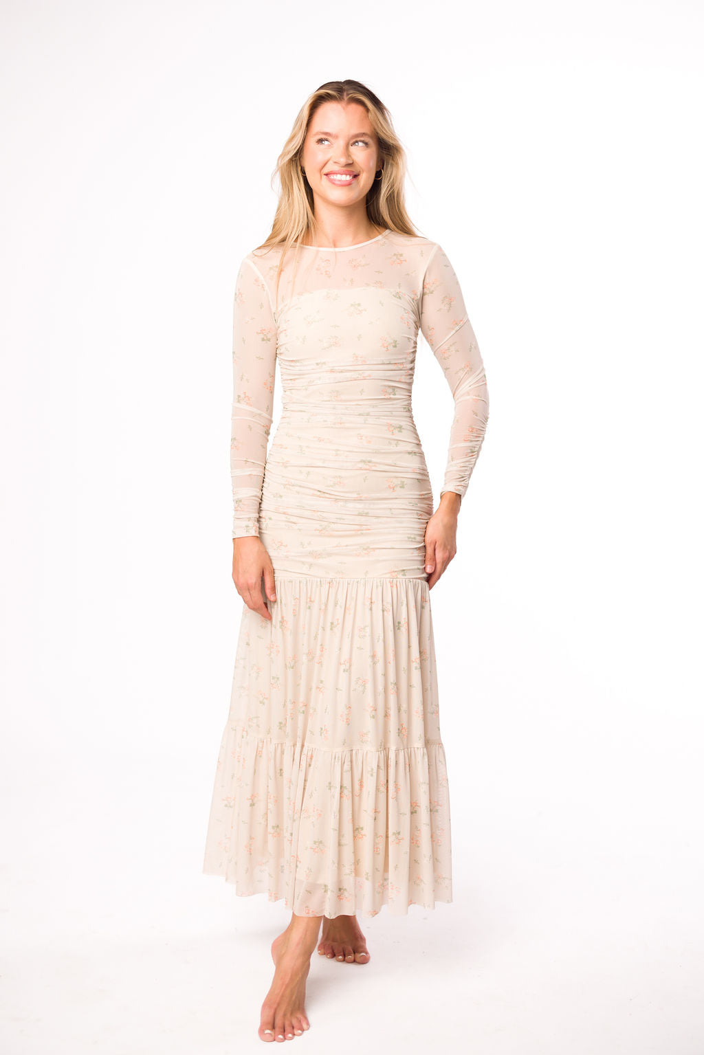 Camille Mesh Gathered Side Seam Maxi Dress in Nude Multi Floral - Bump Friendly