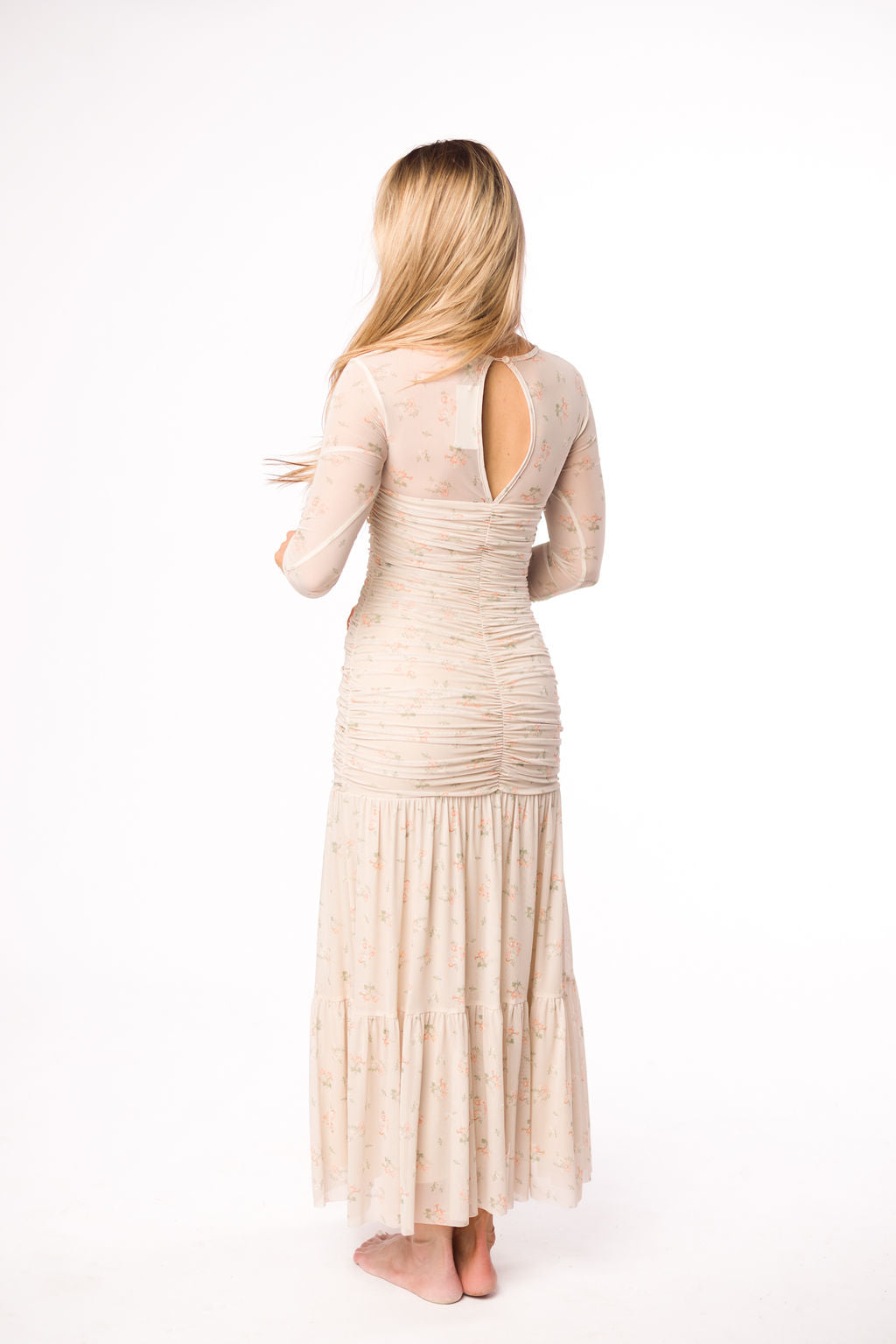 Camille Mesh Gathered Side Seam Maxi Dress in Nude Multi Floral - Bump Friendly