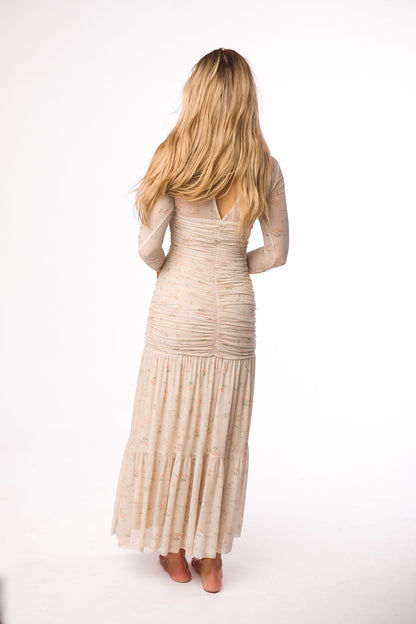 Camille Mesh Gathered Side Seam Maxi Dress in Nude Multi Floral - Bump Friendly