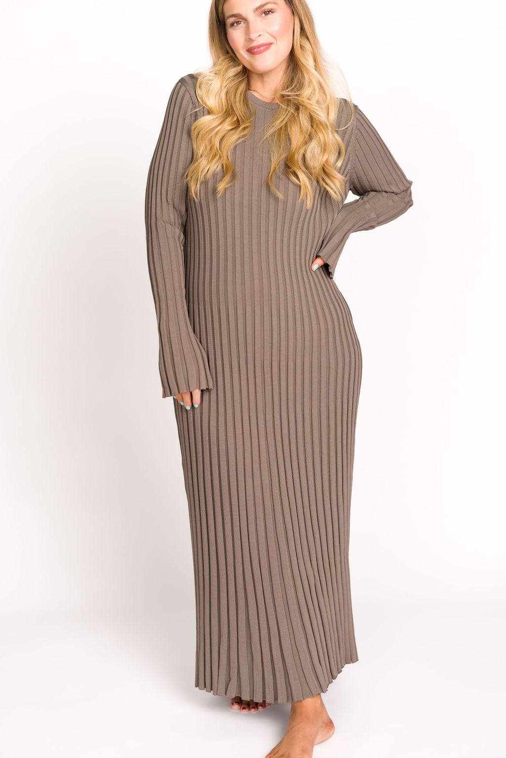 Colette Premium Long Sleeved Ribbed Knit Maxi Dress in Slate - Bump Friendly