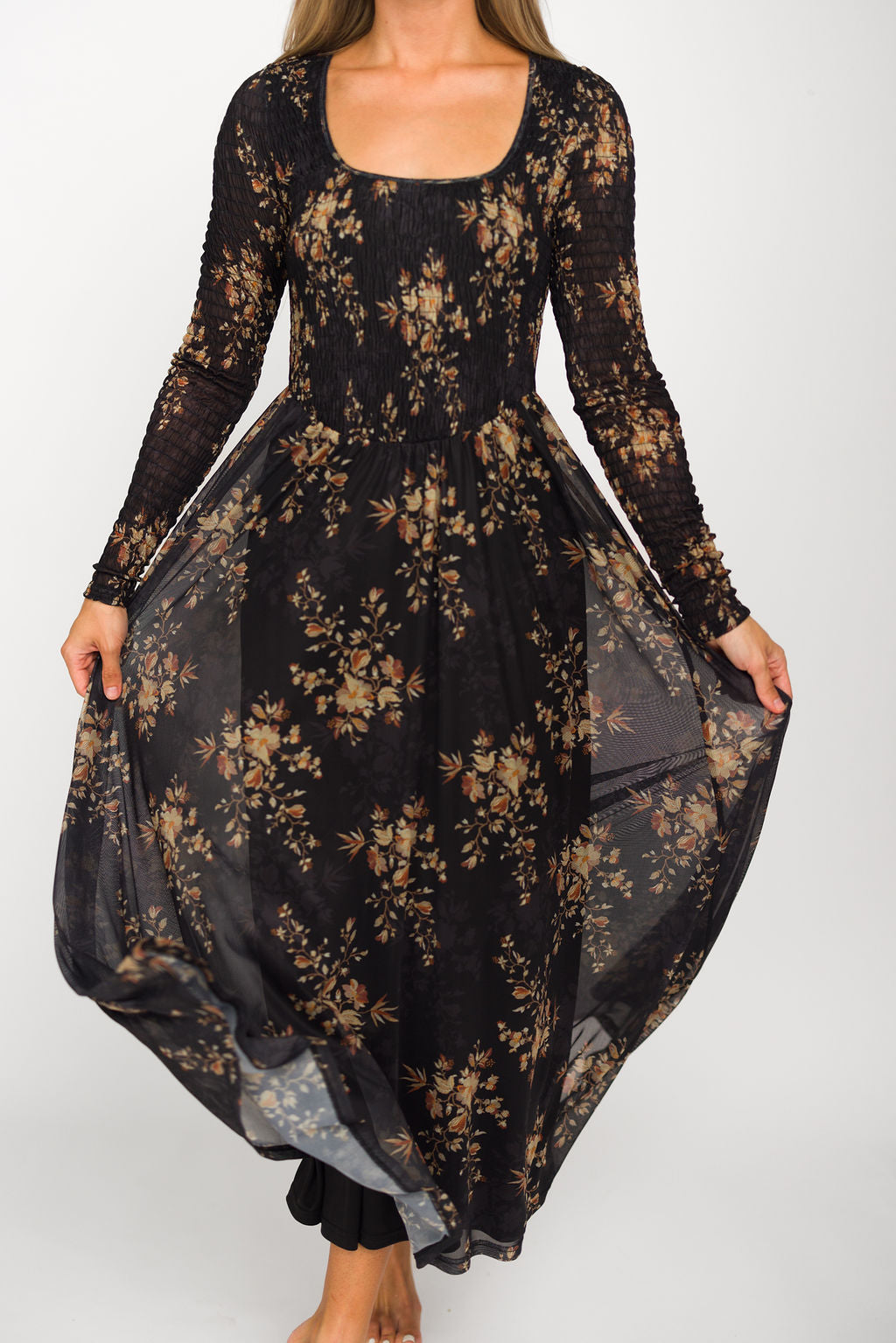 Honor Floral Smocked Woven Maxi Dress in Black - Bump Friendly