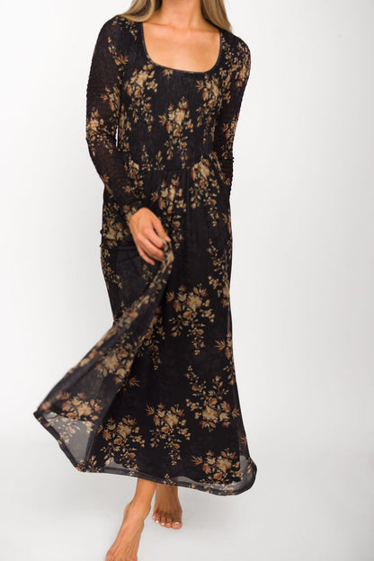 Honor Floral Smocked Woven Maxi Dress in Black - Bump Friendly