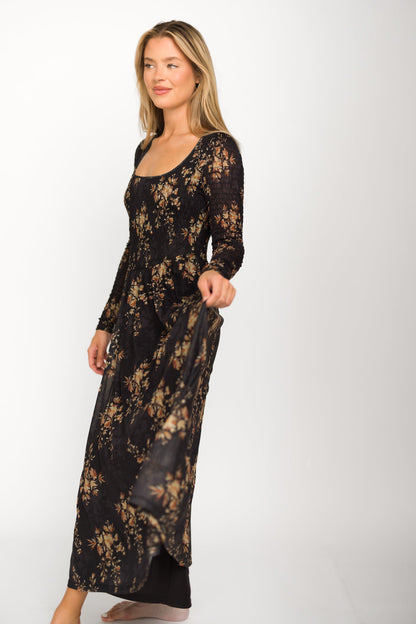 Honor Floral Smocked Woven Maxi Dress in Black - Bump Friendly