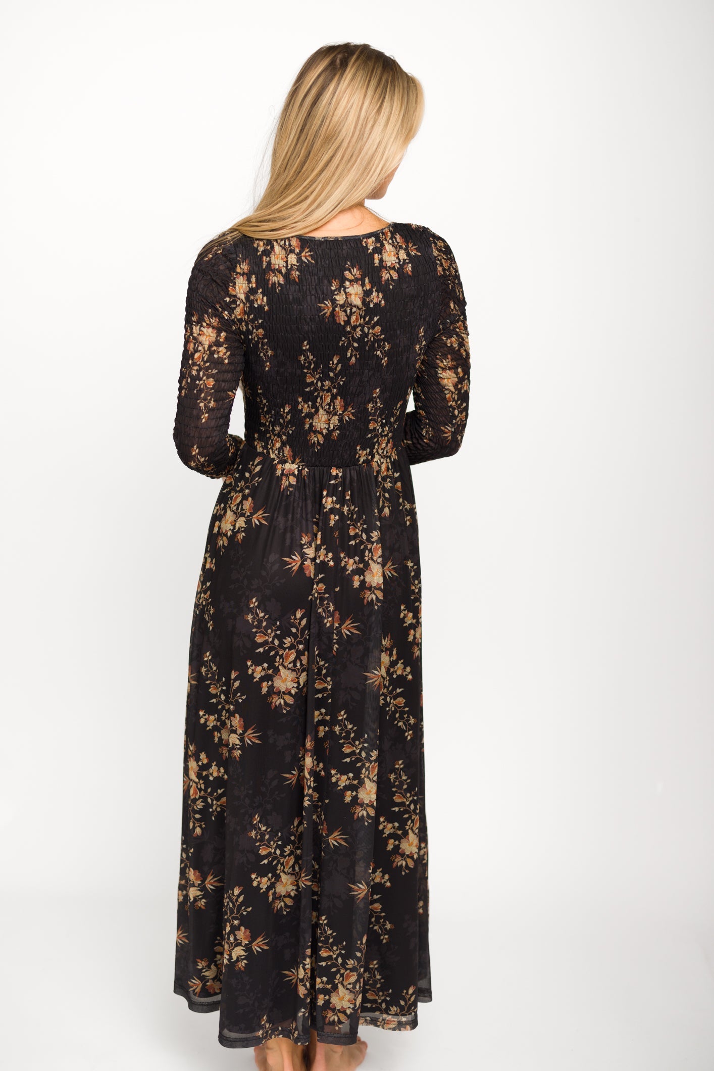 Honor Floral Smocked Woven Maxi Dress in Black - Bump Friendly
