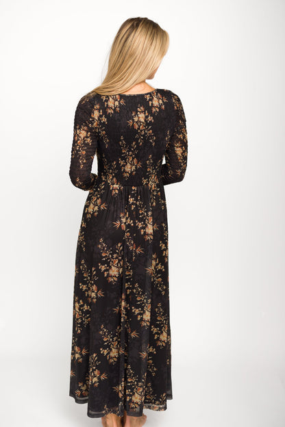 Honor Floral Smocked Woven Maxi Dress in Black - Bump Friendly