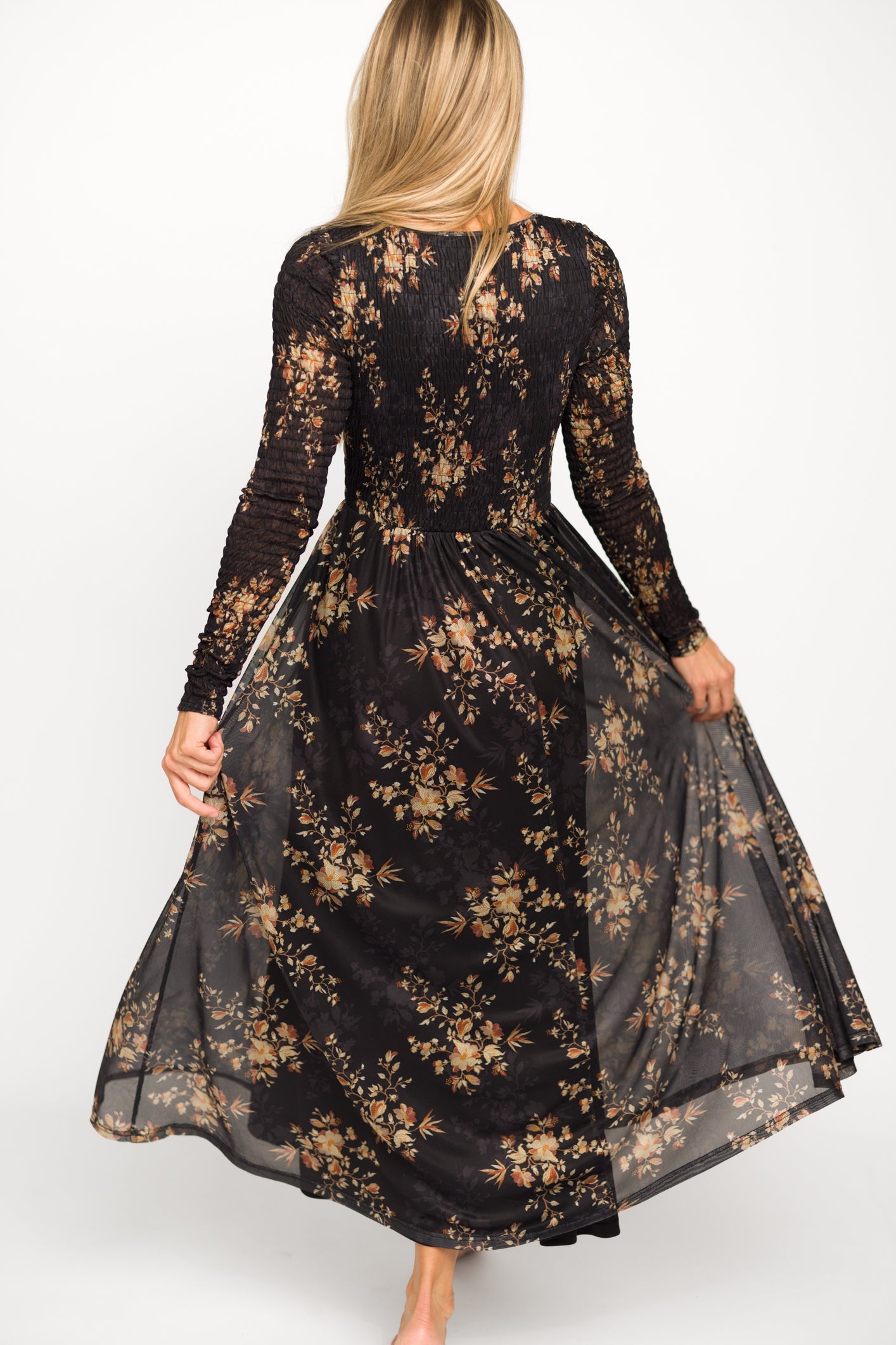 Honor Floral Smocked Woven Maxi Dress in Black - Bump Friendly