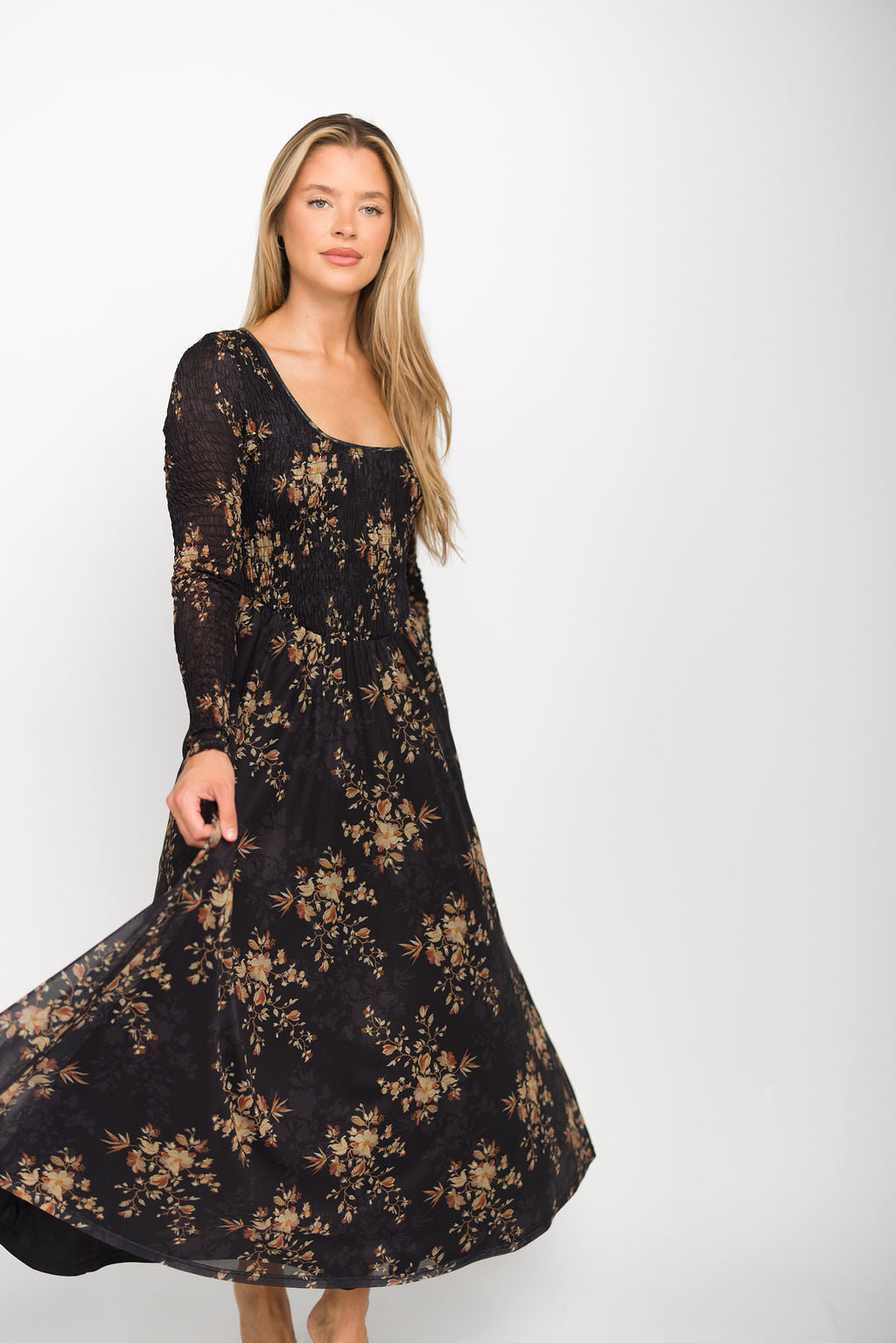 Honor Floral Smocked Woven Maxi Dress in Black - Bump Friendly