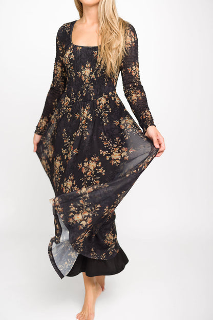 Honor Floral Smocked Woven Maxi Dress in Black - Bump Friendly