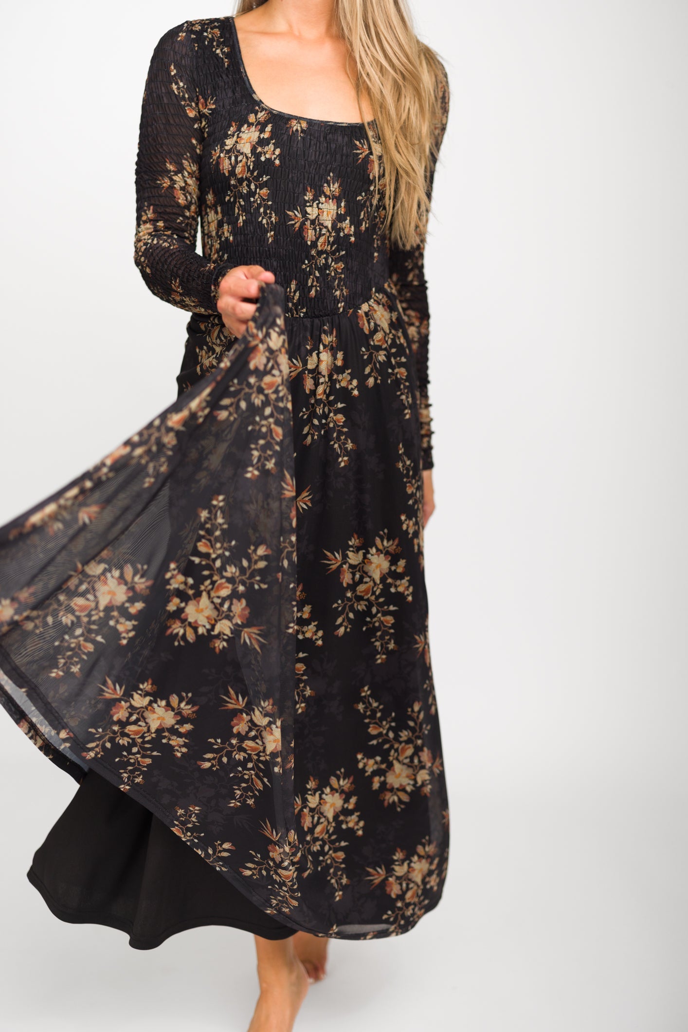 Honor Floral Smocked Woven Maxi Dress in Black - Bump Friendly