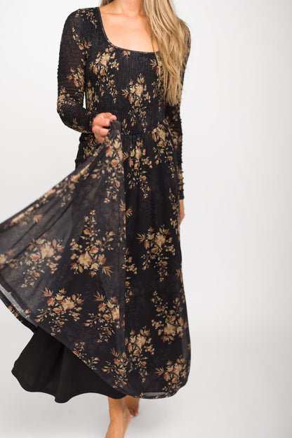 Honor Floral Smocked Woven Maxi Dress in Black - Bump Friendly