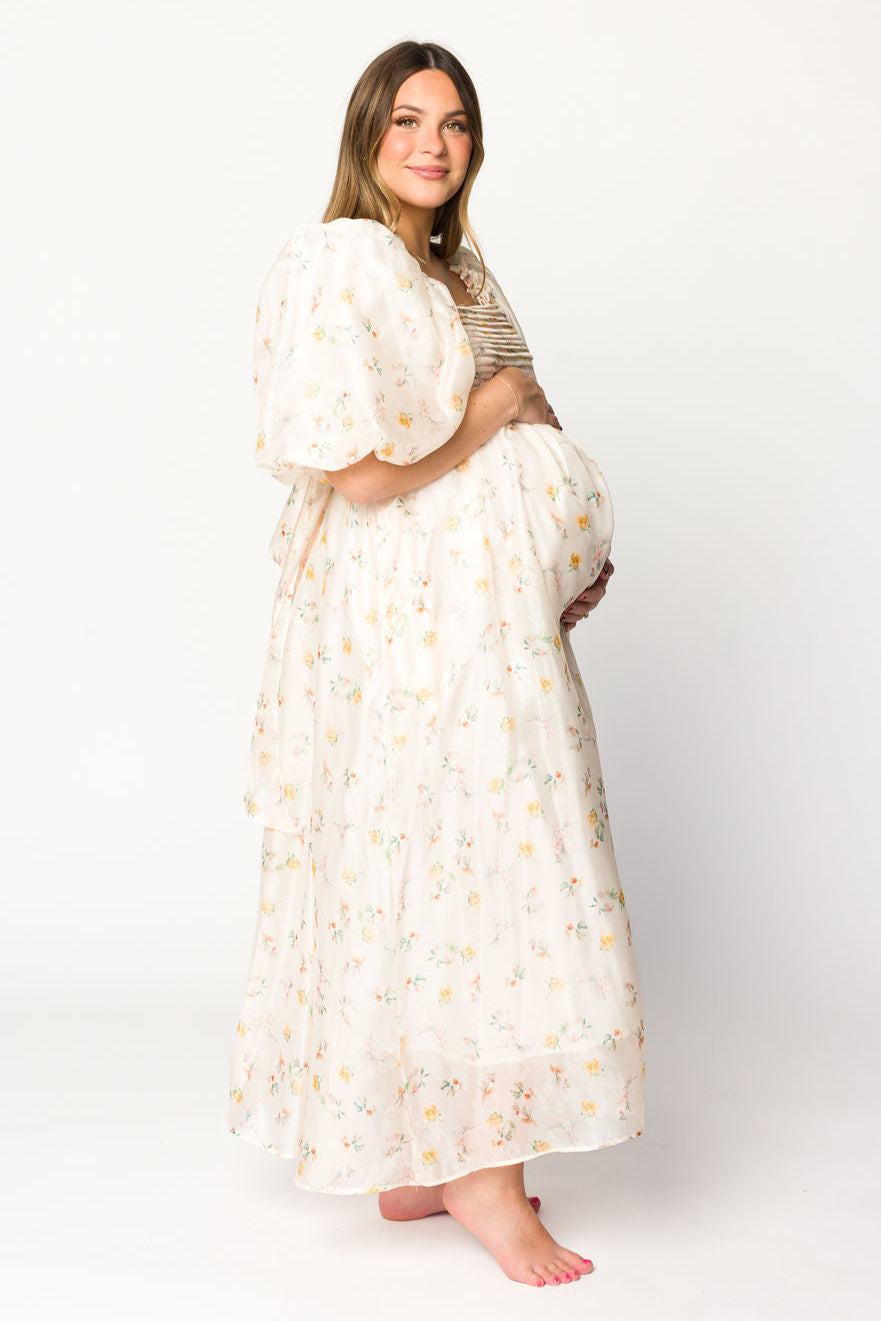 Melody Maxi Dress with Pleats and Bow Detail in Yellow Rose Floral - Bump Friendly & Inclusive Sizing (S-3XL)
